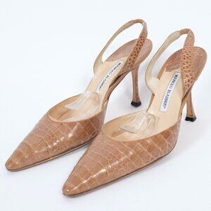 Manolo Blahnik Carolyne crocodile alligator shoes 40 US 10 brown slingback